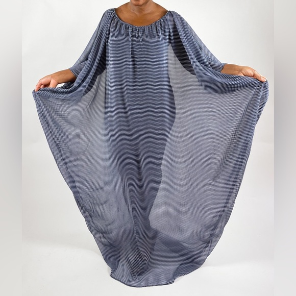 Blue and White Polkadot Chiffon Sheer Handmade Kaftan Maxi Dress - Picture 1 of 5